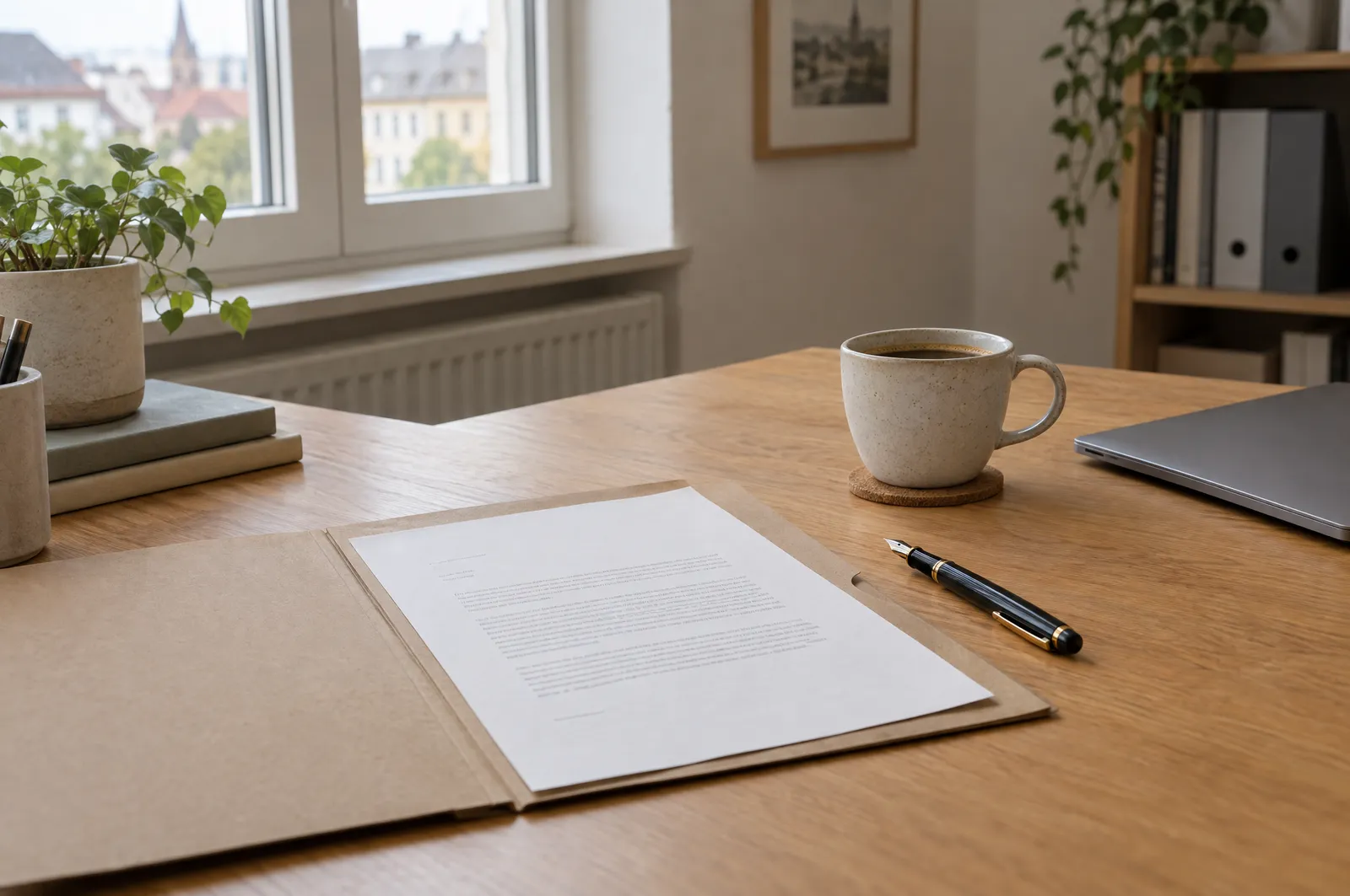 Schreibtisch am Fenster mit einem Schreiben in einer Mappe, Füller, Kaffeetasse und Laptop