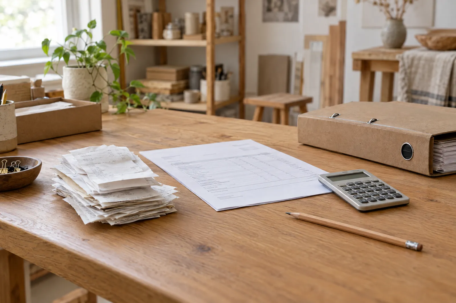 Werkstatt-Schreibtisch mit einem Stapel Kassenbons, einem Formular, Taschenrechner, Bleistift und Ordner